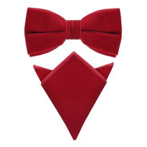 Velvet Adjustable Pre-Tied Bow Tie Solid Color Pocket Square Set Deep Red